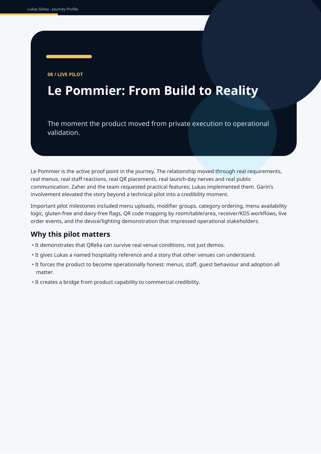 Le Pommier live pilot page from Lukas Slivka Journey Profile