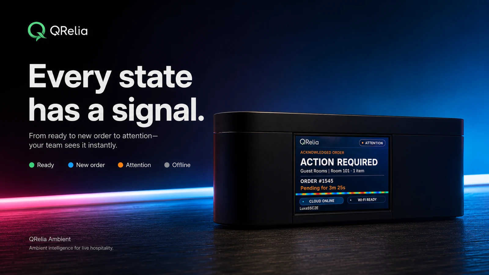 QRelia Ambient LCD device translating live service states into screen and light signals
