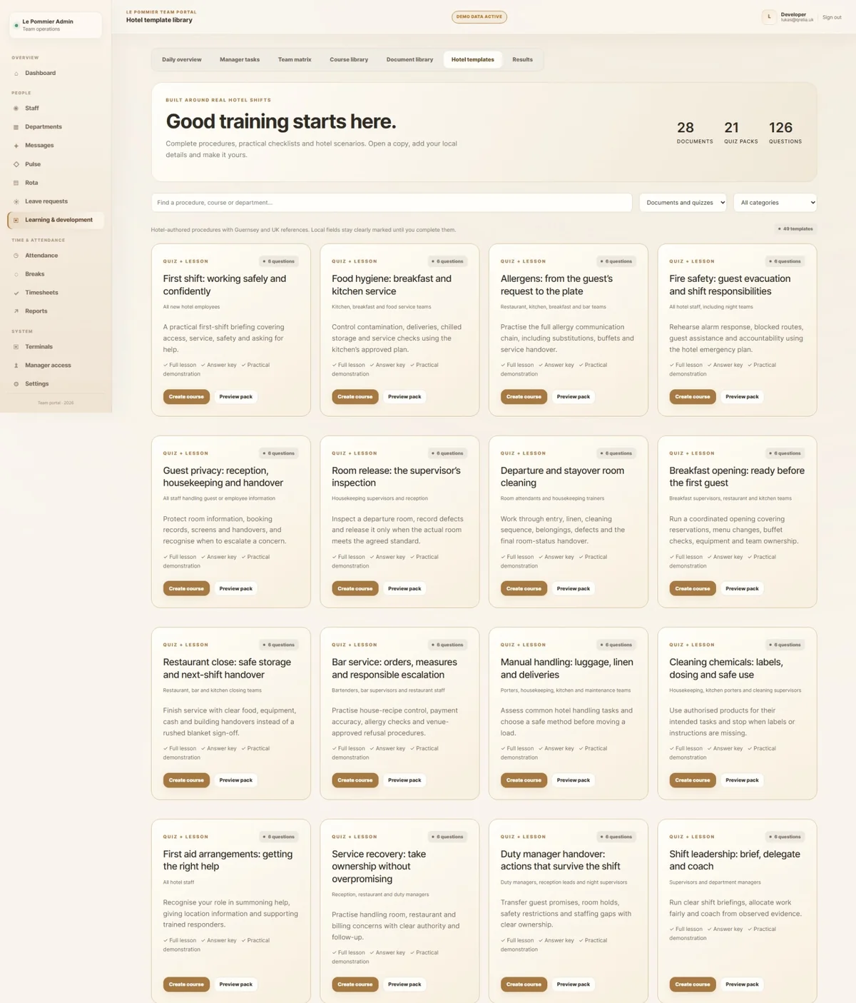Hospitality training template catalogue for QRelia Pulse