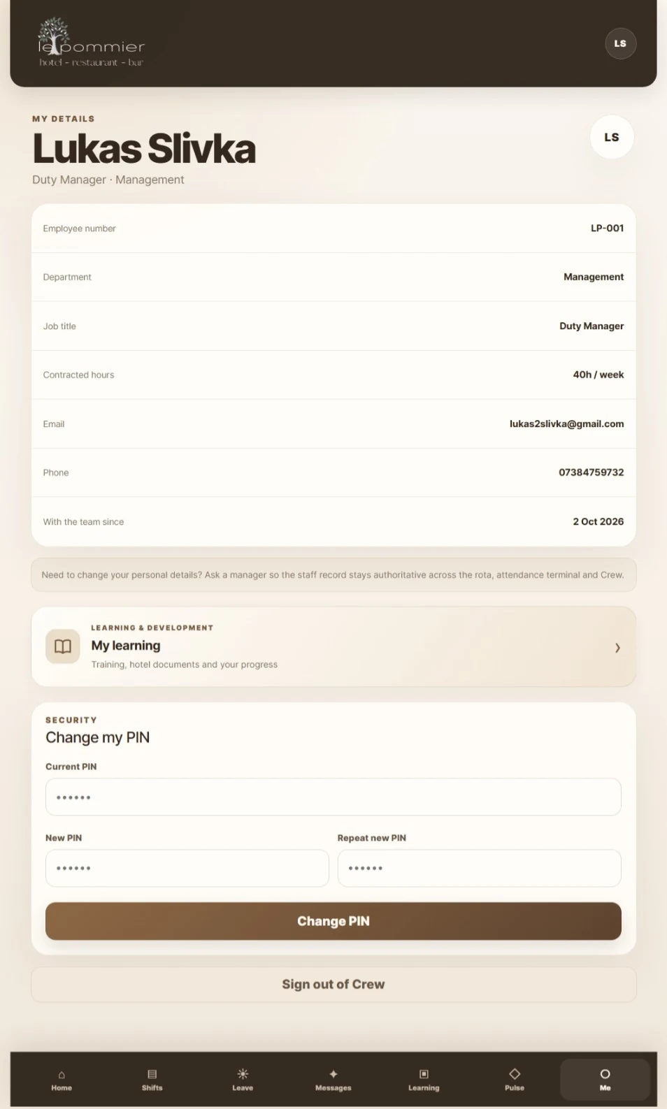 Crew profile and personal settings screen