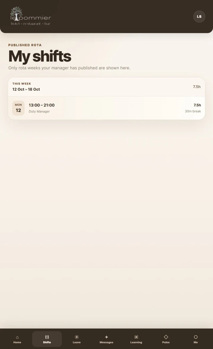 Crew portal mobile screen showing published shifts